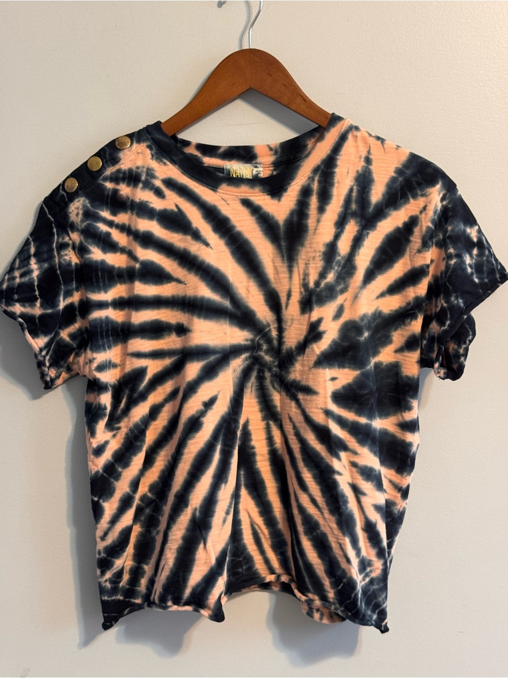 Nation LTD Tie Dye Snap Shoulder Raw Hem Tee XS Peach Navy Boho